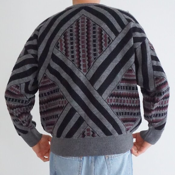 Vintage Toscano Gray Geometric Pattern Sweater Eclectic Grandpa Retro Mens 3D L - Picture 2 of 10